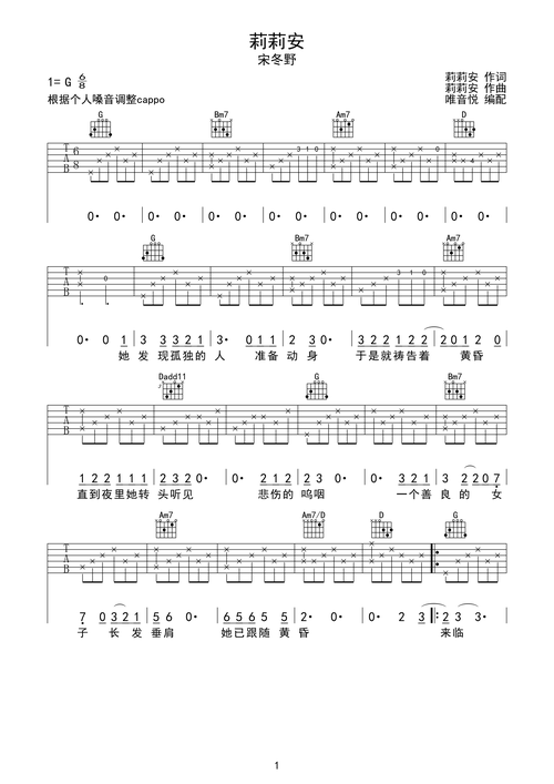 莉莉安-宋冬野 完美吉他谱g调六线吉他谱-虫虫吉他谱免费下载