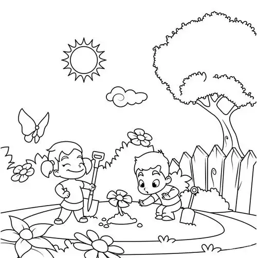 春天小朋友们在花园里种花_简笔画_ps家园网