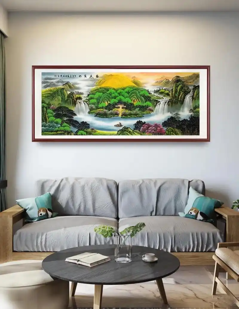 纯手绘国画福居宝地山水画元宝靠山招财风水画,背靠青山,前有聚 - 抖