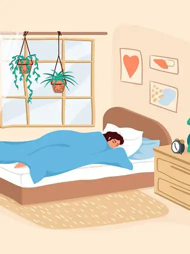 矢量平面插画在柔和的颜色睡觉的女人日间休息在卧室的动画片成人女孩