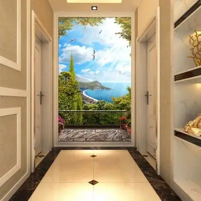 3d立体风景壁纸 空间延伸玄关墙纸 地中海海景5d背景墙壁画墙布