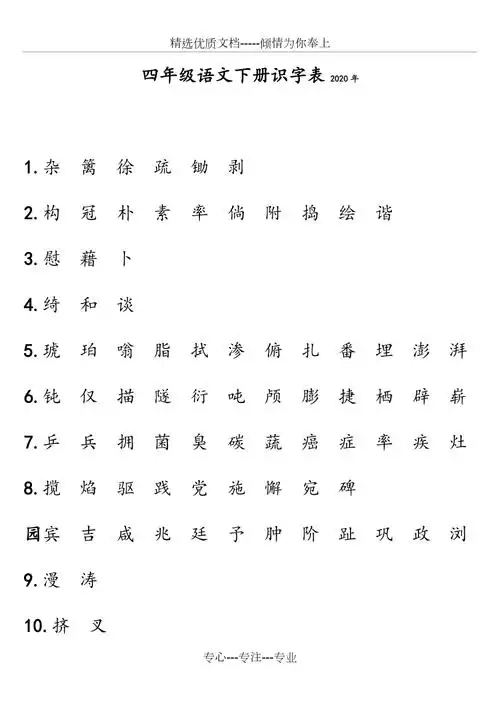 2020部编版四年级语文下册识字表写字表词语表