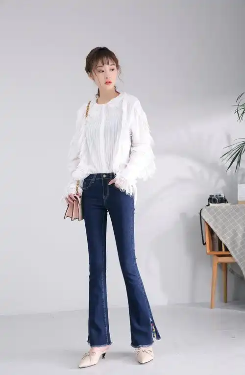 2018新款牛仔喇叭裤女长裤微喇裤韩版女裤子高腰开叉阔腿裤子