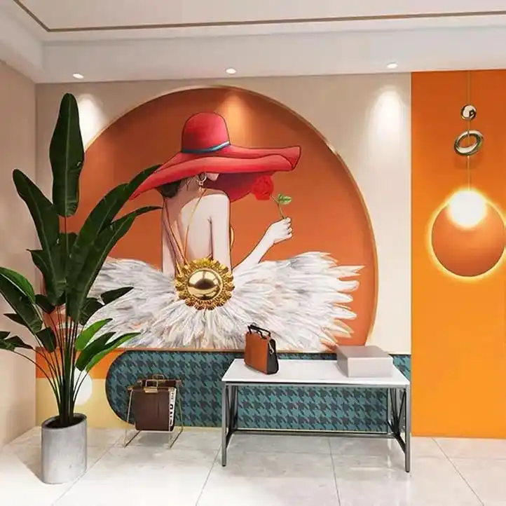 时尚爱马仕橙色服装店墙纸网红美妆直播间背景墙布美容院女装壁纸