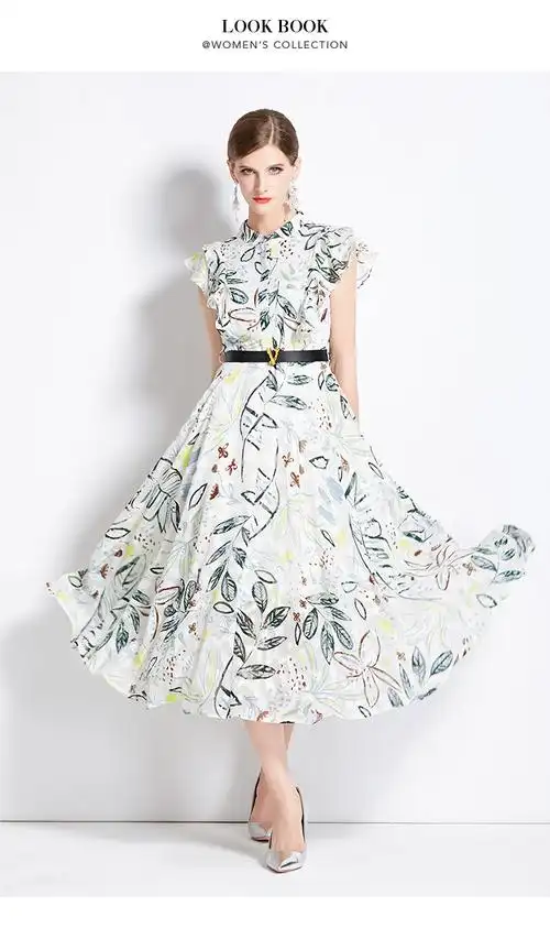 实拍现货夏季新款时尚印花立领荷叶袖收腰大摆气质连衣裙 - 17网