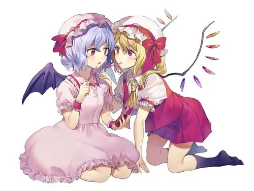 2girls blue_hair blush bow dress flandre_scarlet