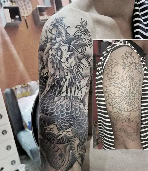 龙修改上色(非本店线条)纹身图片_手臂新传统老传统龙纹身图案
