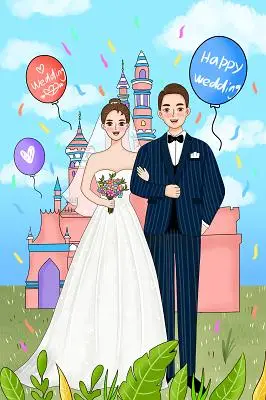 婚庆婚礼结婚彩色卡通手绘婚礼新郎新娘人物素材原创插画海报