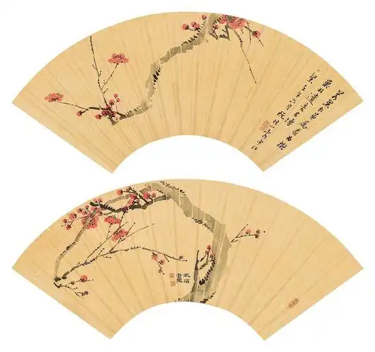 阮性山 1942年作 梅花 扇面 镜片 (二开) 设色绢本