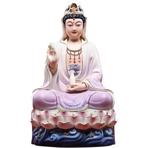 陶瓷观音菩萨佛像家用供奉客厅佛摆件坐莲观世音菩萨微笑观音 三维