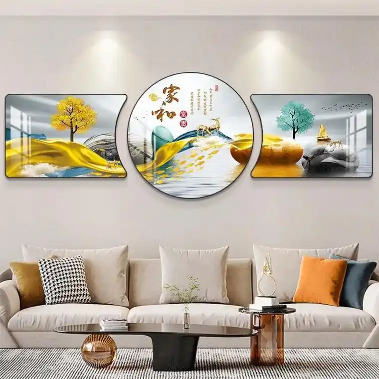 大芬油画村客厅沙发背景墙装饰画圆形三联画现代轻奢高级感挂画# - 抖