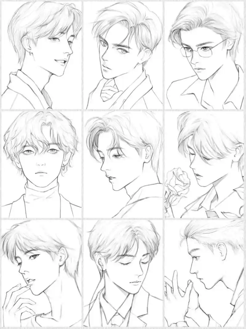 发一个合集|帅气男生画法 最近画的一些男生头像线稿 凑个九宫格