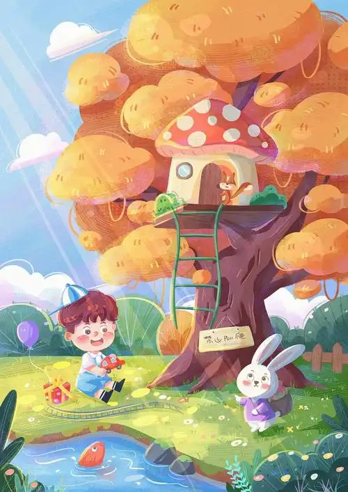 儿童插画树上有蘑菇屋含过程