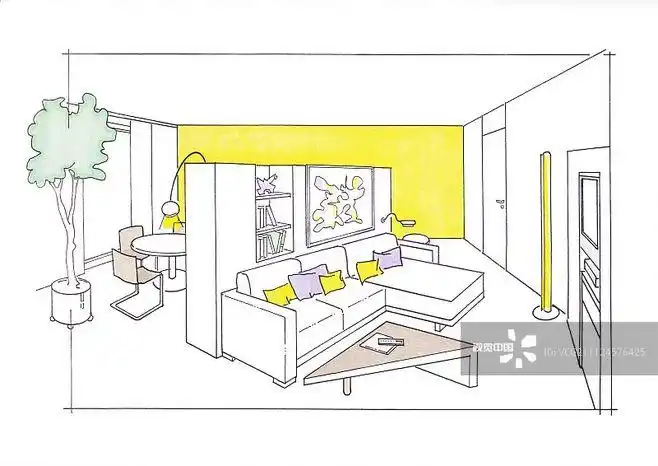 illustration of diagonal living room, dining room and lounge