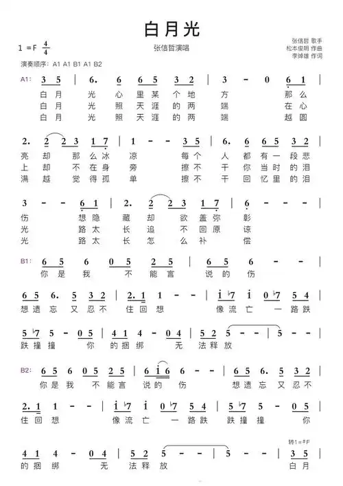 白月光智能简谱张信哲演唱
