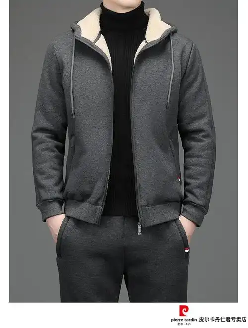 皮尔卡丹休闲运动套装男士加厚保暖羊羔绒卫衣两件套爸爸冬装运动服
