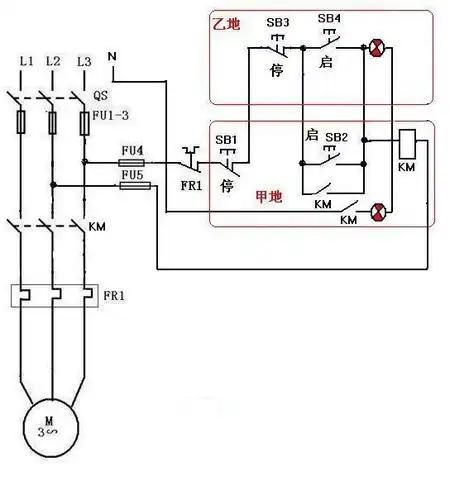 一台三相电机,两地都能控制其开停,一地操作后,另一地有状态指示(灯亮