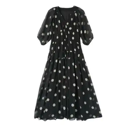 波尔卡夏季新款经典时尚显瘦宽松连衣裙黑色气质波点裙 - 17网