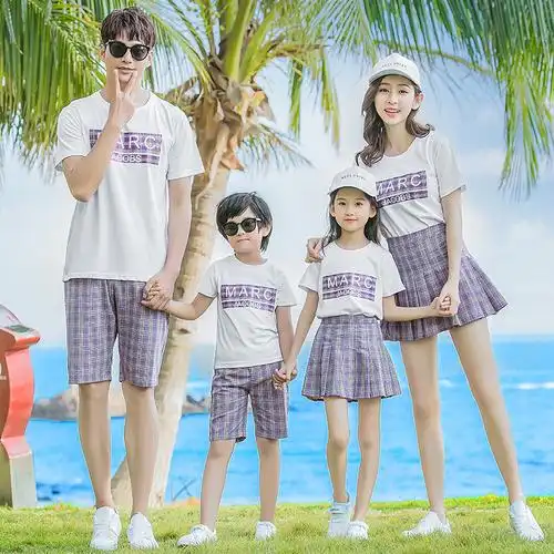 沙滩亲子装夏装一家三口海边度假休闲运动装紫罗兰短裙全家福套装