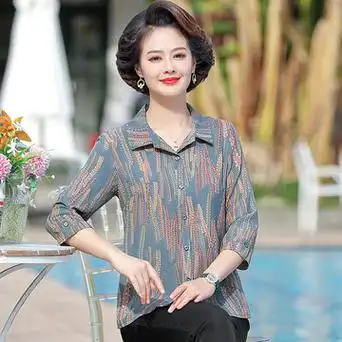 新款中年妈妈夏装薄款衬衫七分袖洋气中老年人春夏开衫上衣50岁女