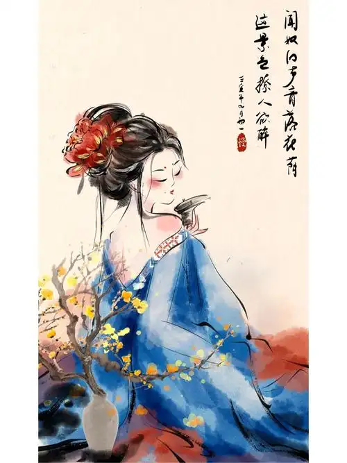 水墨水彩古风人物插画之贵妃醉酒红蓝cp