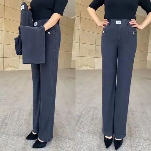 夏天冰丝中年女裤薄款妈妈松紧高腰宽松显瘦韩版休闲直筒阔腿长裤