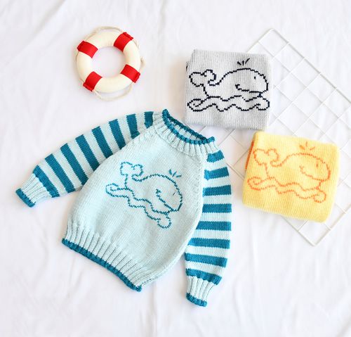 卡通图案海豚插肩款拼色儿童套头毛线手工材料diy编织材料包