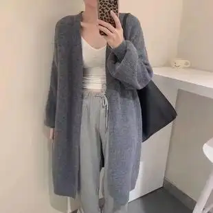 日系v领长款秋季羊绒针织开衫保暖纯色简约气质外套慵懒披肩毛衣