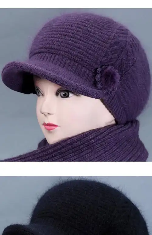 老太太帽子春秋天冬季带帽冬天女奶奶兔毛线帽人加绒厚保暖帽针织棉帽