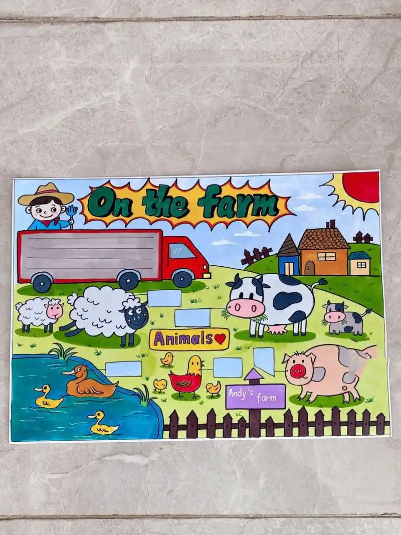 马克笔手抄报|英语小报|on the farm 太喜欢这幅的色彩了~好好看 英语
