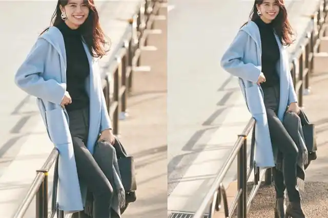 look:2 浅蓝色大衣用经典黑色高领及牛仔裤显苗条