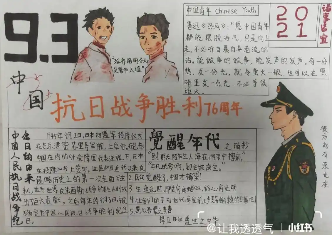 抗日战争胜利76周年纪念日手抄报 给六年级弟弟画的手抄报作业 给妹妹