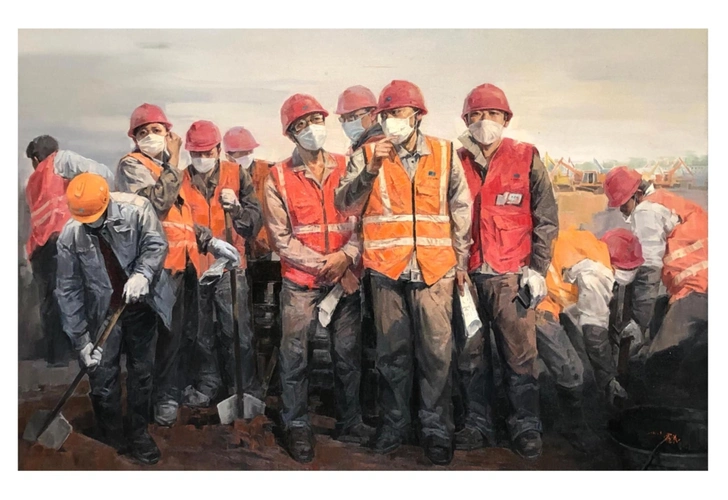 《战疫—纪火神山医院建设者》 霍尧  布面油画 204 cm x140 cm