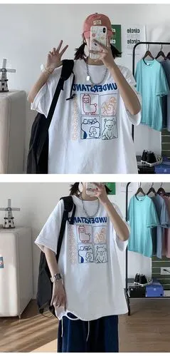 2021夏季圆领流行百搭t恤港风卡通男女宽松创意印花短袖* p30