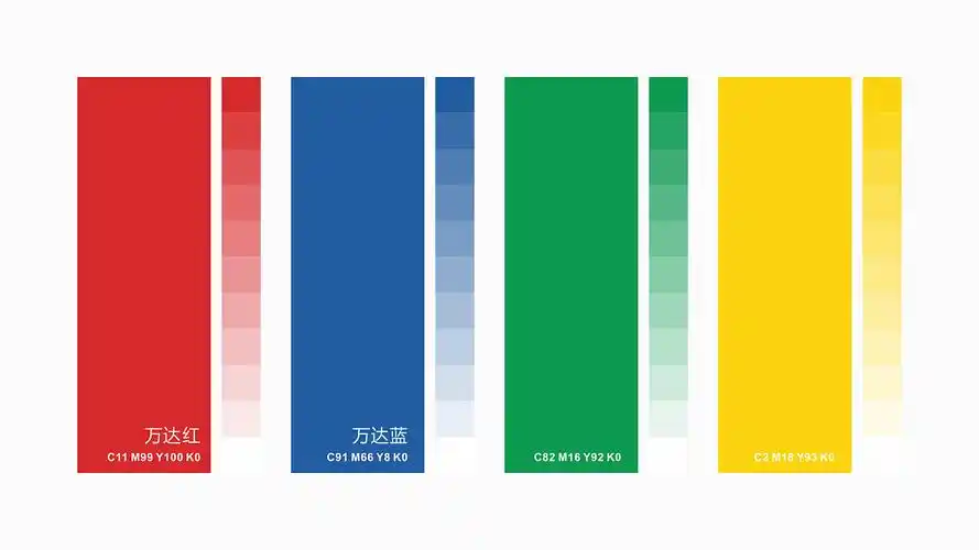 整体以红蓝黄绿为主色调,红蓝色是万达红和万达蓝,与万达品牌的整体
