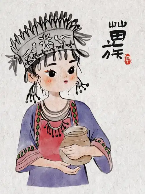 56个民族系列|手绘国风苗族女孩水墨画过程