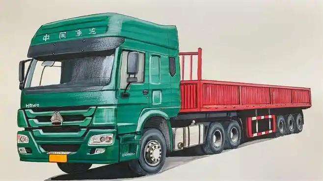 手绘重汽豪沃半挂牵引车,经典,绿色车头配红色挂车-教育视频-搜狐视频