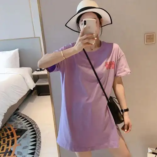 t恤春装上新新款短袖t恤女印花中长款白色上衣2021夏新款ins潮 粉色 s