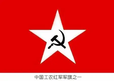 "中共党旗式样,宽阔为三与二之比,左角上为黄色斧头镰刀,无五角星,旗
