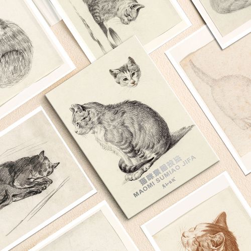 猫咪素描技法高清临摹卡艺术明信片画作文创留言卡油画卡作品25张