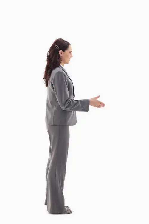 人,一个人,商务人士,商务女性,站,握手,竖图,室内,白天,白色背景,侧面