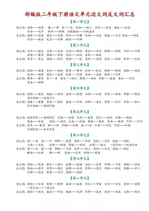二年级下册18单元近义词反义词汇总