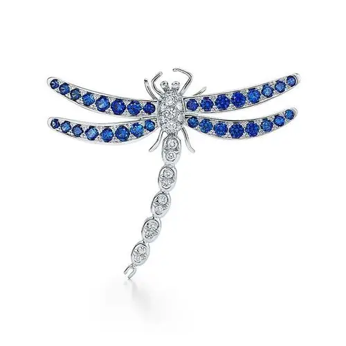 女士铂金950镶嵌圆形蓝宝石和圆形钻石蜻蜓胸针 大号 送礼佳品 预售