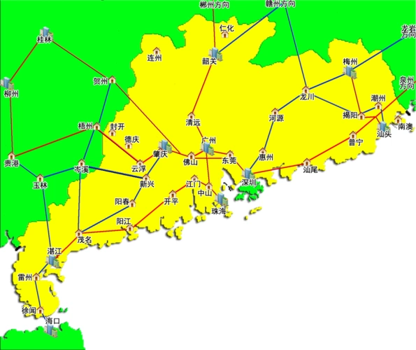 广东省主要旅游城镇铁路交通联系图(红色为高铁,深蓝为普速铁路)
