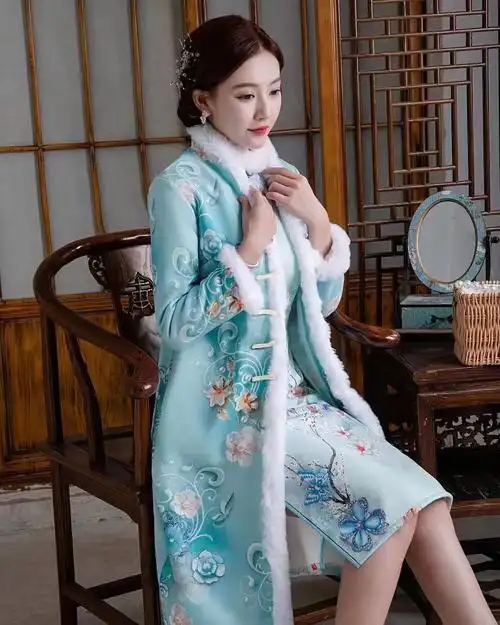 旗袍外套外搭长款风衣开衫冬季加厚加绒2023年新款大码中国风大衣
