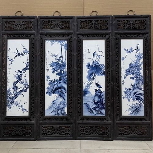 景德镇瓷板画刘雨岑青花花鸟瓷板画《春夏秋冬》陶瓷画四条屏挂屏