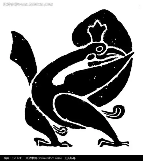 跨步翘尾回头展翅的黑白鸟纹线描图