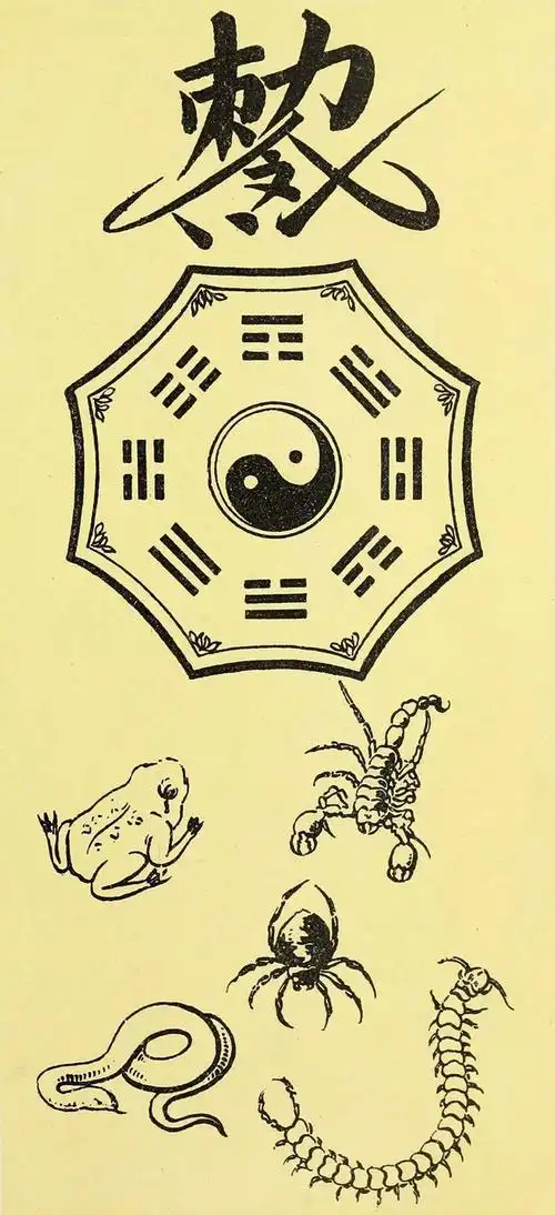 五毒图  野崎诚近《中国吉祥纹样》·也有的地区将艾草晾干点燃,在