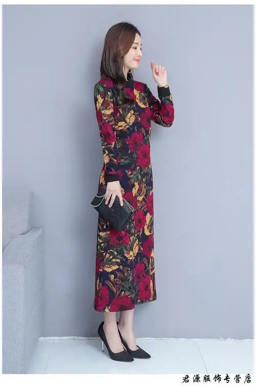 女士冬季打底连衣裙加绒加厚的冬裙女2019年秋冬季贵夫人洋气高端过膝