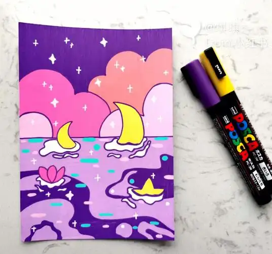 手绘丙烯马克笔紫色的海